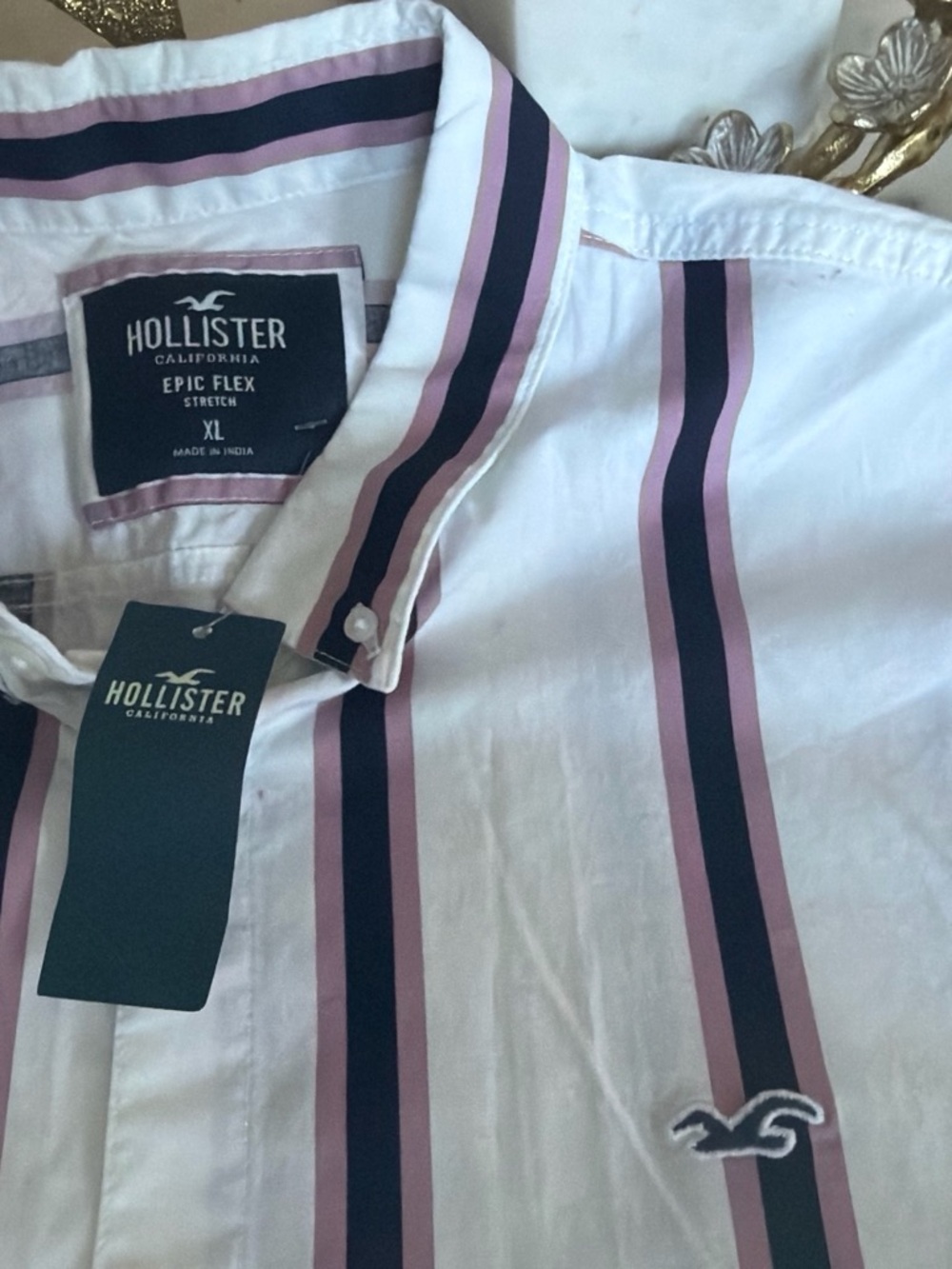 Hollister White Button-Down Shirt with Pink & Navy Stripes